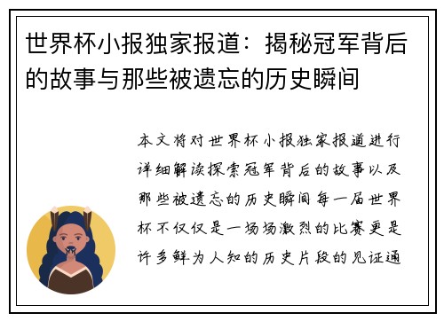 世界杯小报独家报道：揭秘冠军背后的故事与那些被遗忘的历史瞬间